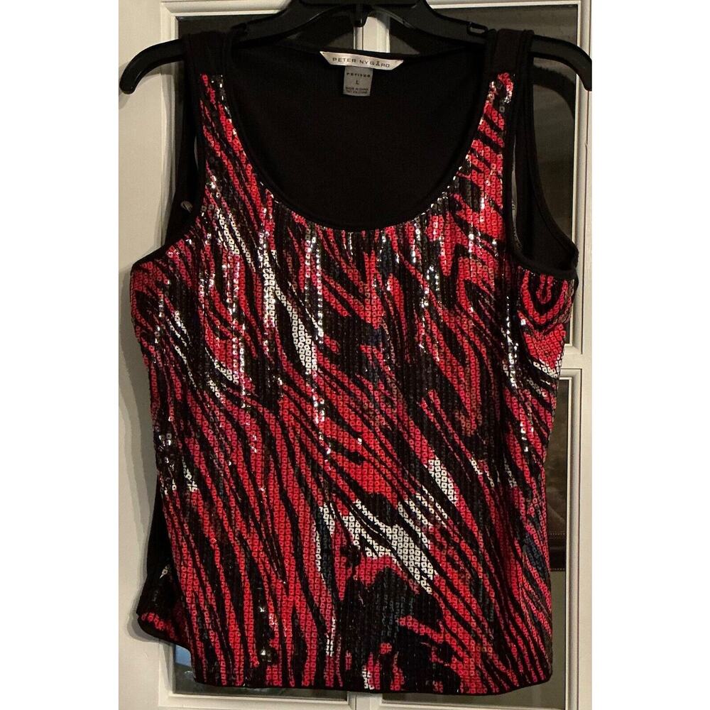 Peter Nygard Petites Sequins Tank Top Size Large Pullover Red Black White